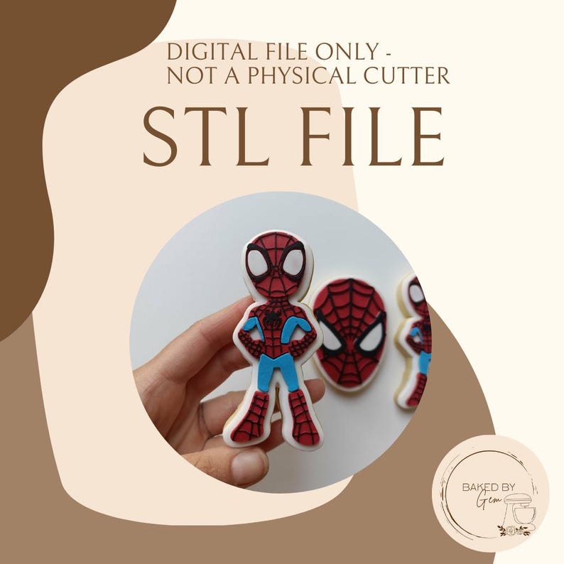 May include: A Spider-Man-themed cookie cutter design. The image shows a cookie in the shape of Spider-Man, with red, blue, and white icing. The text "STL FILE" is displayed at the top of the image.