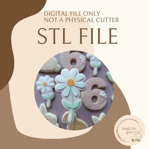 Pode incluir: Imagem de biscoitos decorados em forma de margaridas, o número 6 e um coelho. Os biscoitos são rosa claro, brancos e verdes. O texto "STL FILE" é exibido na parte superior, com o texto "DIGITAL FILE ONLY - NOT A PHYSICAL CUTTER" acima.
