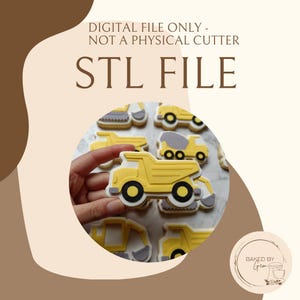 Könnte beinhalten: Eine digitale STL-Datei für einen Ausstechform in Form eines Baufahrzeugs. Das Bild zeigt mehrere gelbe und graue Kekse in Form von Muldenkippern. Der Text lautet DIGITAL FILE ONLY - NOT A PHYSICAL CUTTER und STL FILE. Logo BAKED BY Gem.