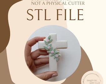 May include: A digital STL file for a cross-shaped cookie cutter. The text reads DIGITAL FILE ONLY - NOT A PHYSICAL CUTTER and STL FILE. The design features a white cross adorned with light green leaves and small pink flowers.