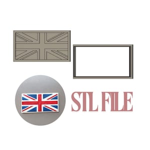 以下が含まれることがあります： イギリスのユニオンジャックの旗の形をしたクッキーカッターの3DプリントSTLファイルデザイン。デザインには長方形のフレームとフレーム内の旗の小型版が含まれています。