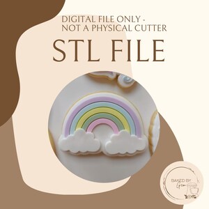 Pode incluir: Imagem de um cortador de biscoitos em forma de arco-íris com cores pastel, incluindo rosa, amarelo e azul. O texto "STL FILE" é exibido em destaque, juntamente com a frase "DIGITAL FILE ONLY - NOT A PHYSICAL CUTTER". A imagem também inclui um logotipo.