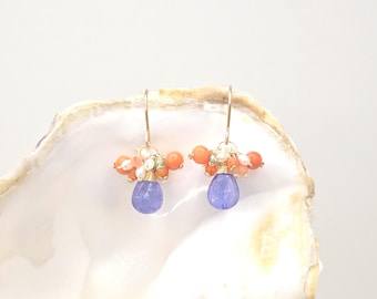 Tanzanite Earrings: 14Kt Gold Filled, Tanzanite, Rice Pearl, Coral, Apatite, Carnelian
