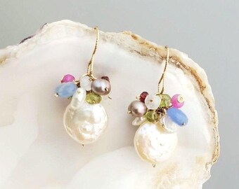 Genuine Pearl Earrings: 14Kt Gold Filled, Coin Freshwater, Lustrous Gemstone, USA Made