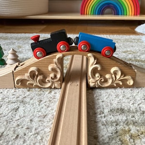Wooden Train Bridge with Ornate Detail – Waldorf Inspired Toy for Brio, IKEA, Montessori Track Play
