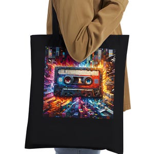 Cassette Tape Premium Tote Bag, Mixtape, Handbag, 90s, 80s, Retro, Vintage, Music, Colorful, Audio, Analog, Stained Glass, Purse