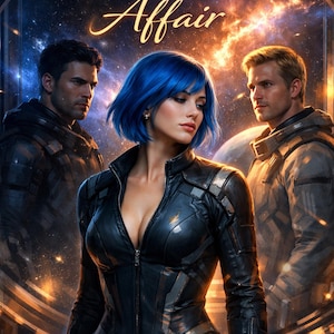 Puede incluir: Portada de libro de arte digital con tres personas en un entorno futurista. El título "STARGLOW Affair" está en la parte superior. Una mujer con cabello azul está en el centro, usando una chaqueta de cuero negra. Dos hombres están detrás de ella.