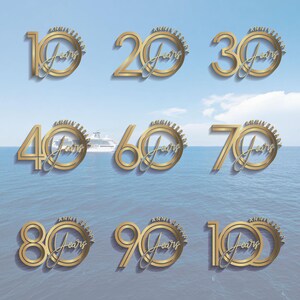May include: A set of ten gold anniversary logos with the numbers 10, 20, 30, 40, 50, 60, 70, 80, 90, and 100, each with the word "Years" inside a circle and the word "Anniversary" above the circle.
