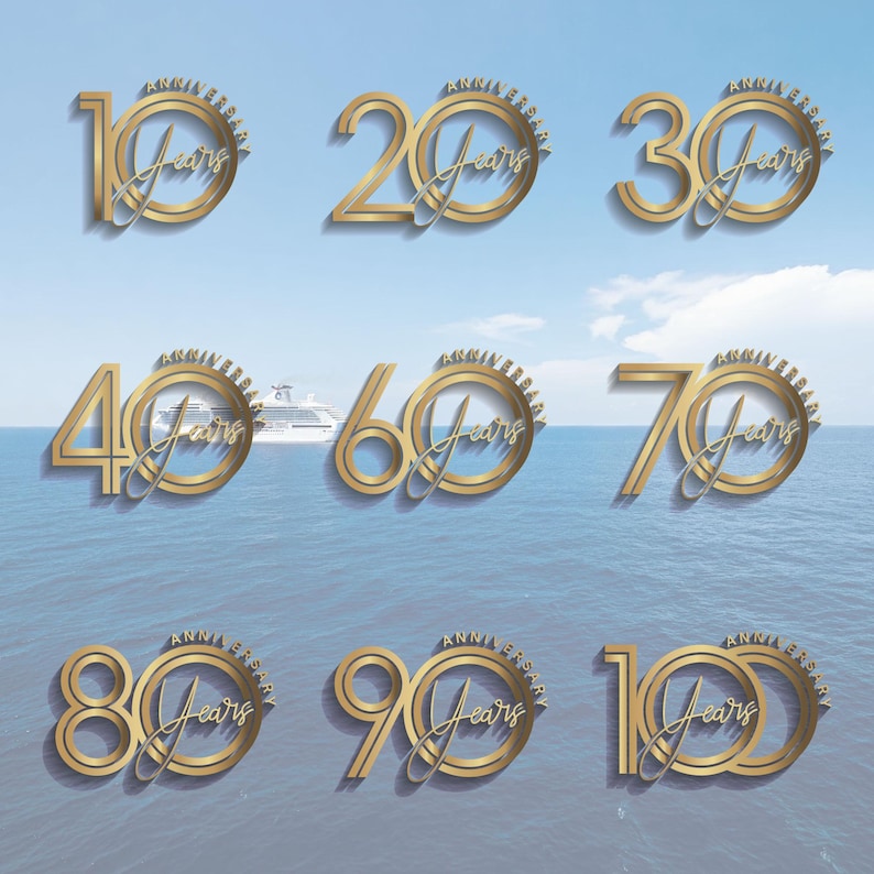 May include: A set of ten gold anniversary logos with the numbers 10, 20, 30, 40, 50, 60, 70, 80, 90, and 100, each with the word "Years" inside a circle and the word "Anniversary" above the circle.