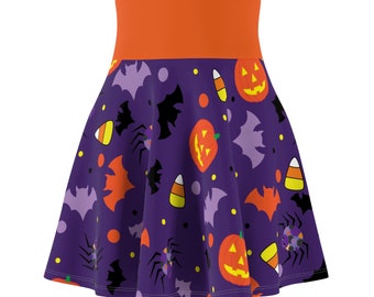 Halloween Women's Skater Skirt (AOP) - Cute Pumpkins Bats and Spiders