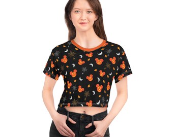 Halloween Mickey Pumpkins Bats and Spiders Crop Tee (AOP)