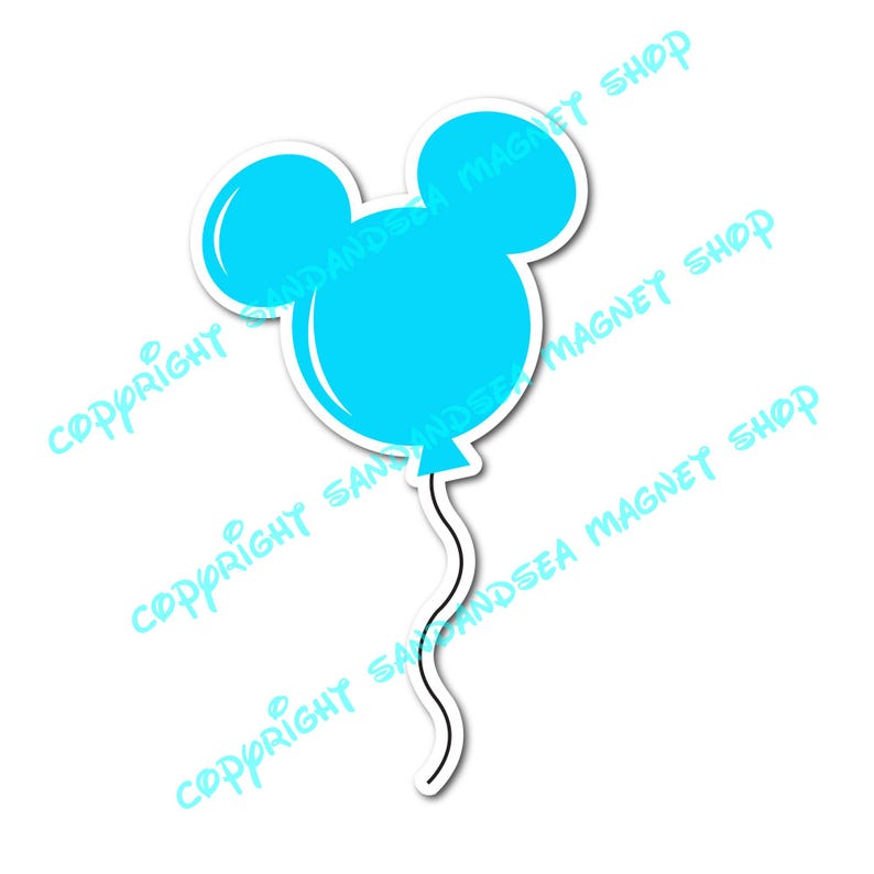 May include: A light blue balloon shaped like Mickey Mouse's head, with a white outline and a black string. The image includes the text "Copyright Sand and Sea Magnet Shop" printed diagonally.