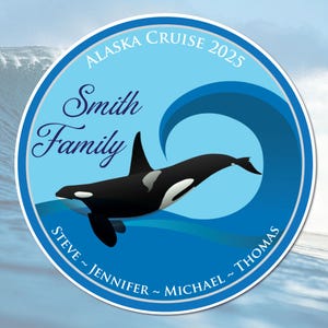 Personalized Alaska Cruise 2025 Magnet: Orca Family Stateroom Decor (7.4 x 7.4)