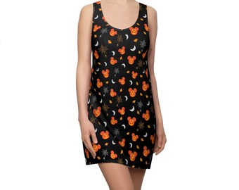 Mickey Mouse Pumpkin and Spiders Disney Halloween Women's Cut & Sew Racerback Dress (AOP)