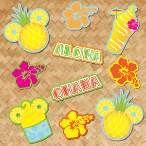 May include: A set of 10 colorful printable party decorations featuring pineapples, flowers, and the words "Aloha" and "Ohana".