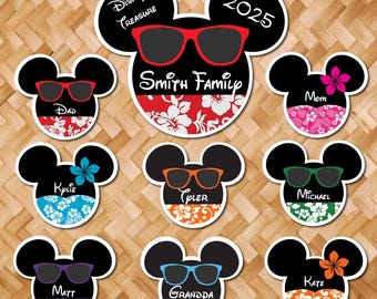 May include: Nine Disney-themed Mickey Mouse head stickers with different colored backgrounds and floral patterns. The stickers feature the text "Disney Treasure", "Smith Family", "2025", "Dad", "Mom", "Kylie", "Tyler", "Michael", "Matt", "Grandpa", and "Kate".