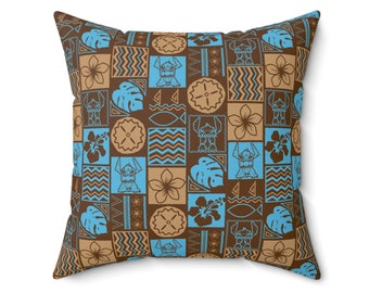 Mischief in Paradise: Disney Stitch Tiki Tapa Print Square Pillow
