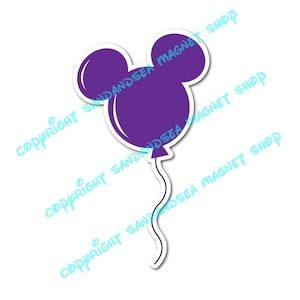May include: A purple balloon-shaped magnet with a white border, featuring the iconic mouse ears design. The balloon has a curved white string. The text "COPYRIGHT SANDANDSEA MAGNET SHOP" is printed diagonally across the image.