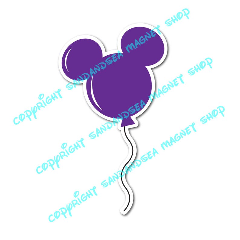 May include: A purple balloon-shaped magnet with a white border, featuring the iconic mouse ears design. The balloon has a curved white string. The text "COPYRIGHT SANDANDSEA MAGNET SHOP" is printed diagonally across the image.