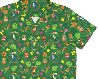 Men's Hawaiian Shirt (AOP) Green Stretchy Comfort - Enchanted Tiki Room Tropical