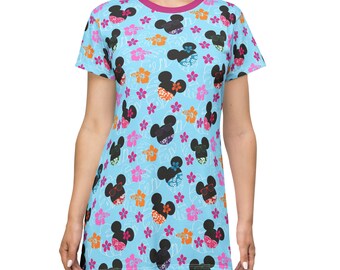 Island Vibes All-Over: Rock This Mickey & Minnie Hawaiian Shirt Women's Dress