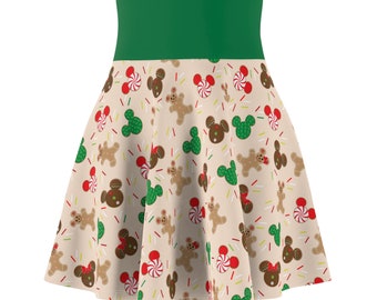 Christmas Mickey and Minnie Mouse Gingerbread and Cookies Disney Inspired AOP Women's Skater Skirt (AOP)