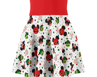 Christmas Santa Mickey Mouse and Mrs. Clause Minnie with Elfs Disney Inspired AOP Women's Skater Skirt (AOP)