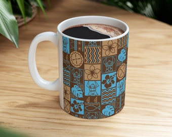 Mischief in Paradise: Disney Stitch Tiki Hawaiian Tapa Print Ceramic Mug 11oz