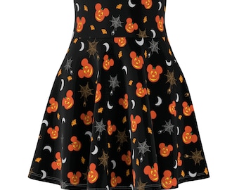 Skater Skirt Hauntingly Cute Mickey Pumpkins Bats and Spiders - AOP Stretchy Comfort