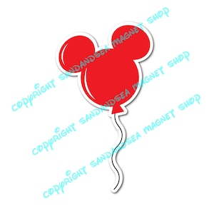 May include: A red balloon shaped like a mouse head, with a white border and a black string. The balloon features two smaller circles for ears and a larger circle for the head. The text "COPYRIGHT SANDANDSEA MAGNET SHOP" is printed diagonally across the image.