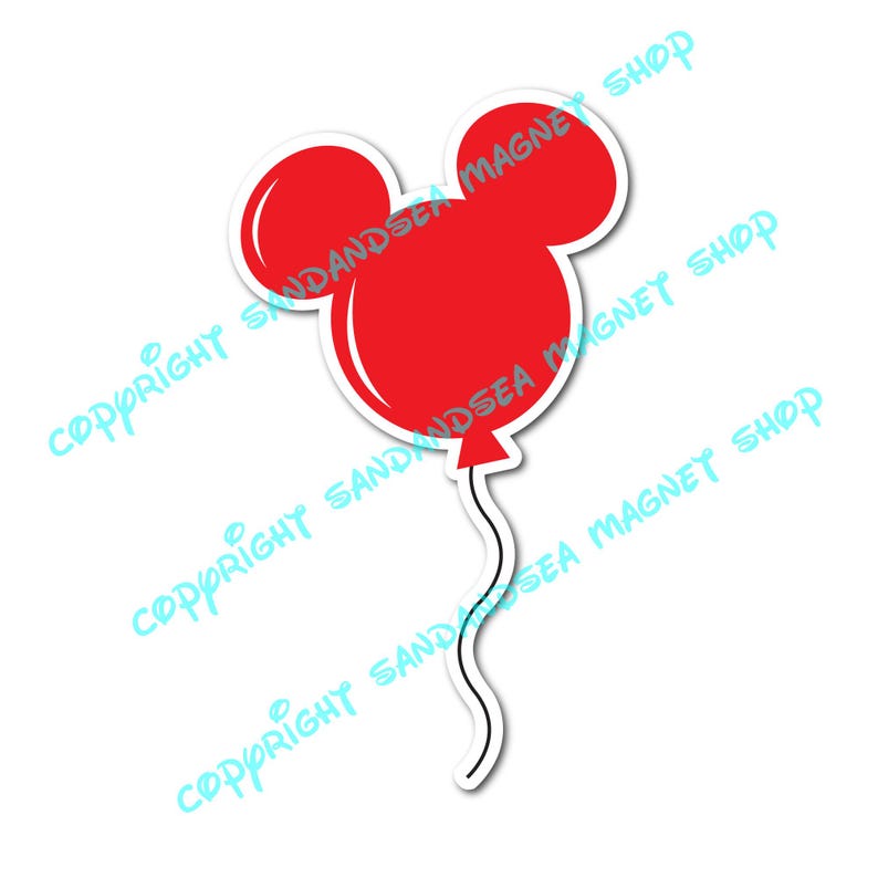 May include: A red balloon shaped like a mouse head, with a white border and a black string. The balloon features two smaller circles for ears and a larger circle for the head. The text "COPYRIGHT SANDANDSEA MAGNET SHOP" is printed diagonally across the image.