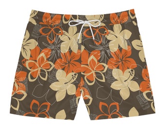 Beach Ready: Tiki Luau Hawaiian Pattern Men's Mid-Length Swim Shorts (AOP) - Orange Flowers