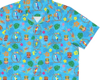 Men's Hawaiian Shirt (AOP) Blue Stretchy Comfort - Enchanted Tiki Room Tropical