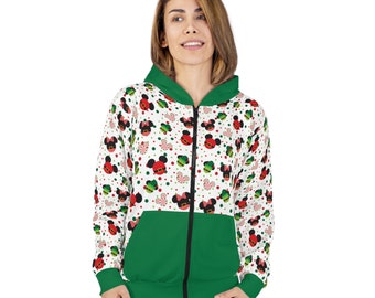 Christmas Santa Mickey Mouse and Mrs. Clause Minnie with Elfs Disney Inspired Unisex Zip Hoodie (AOP) - Green