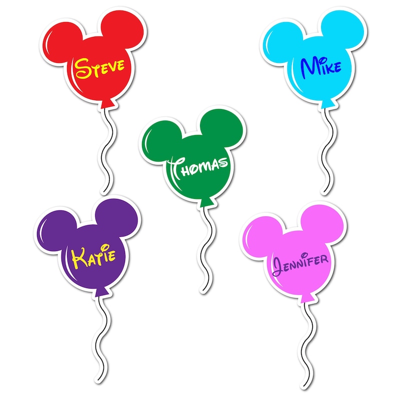 May include: Five colourful Mickey Mouse-shaped balloons with names: Steve, Mike, Thomas, Katie, and Jennifer. Each balloon is a different colour: red, blue, green, purple, and pink. The names are written in a cursive font.