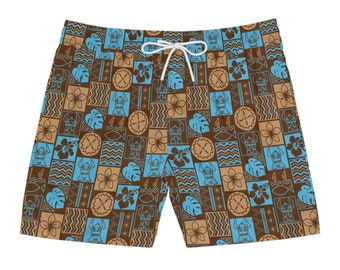 Men's Mid-Length Swim Shorts (AOP) - Mischief in Paradise Hawaiian Tiki Stitch Tapa Print