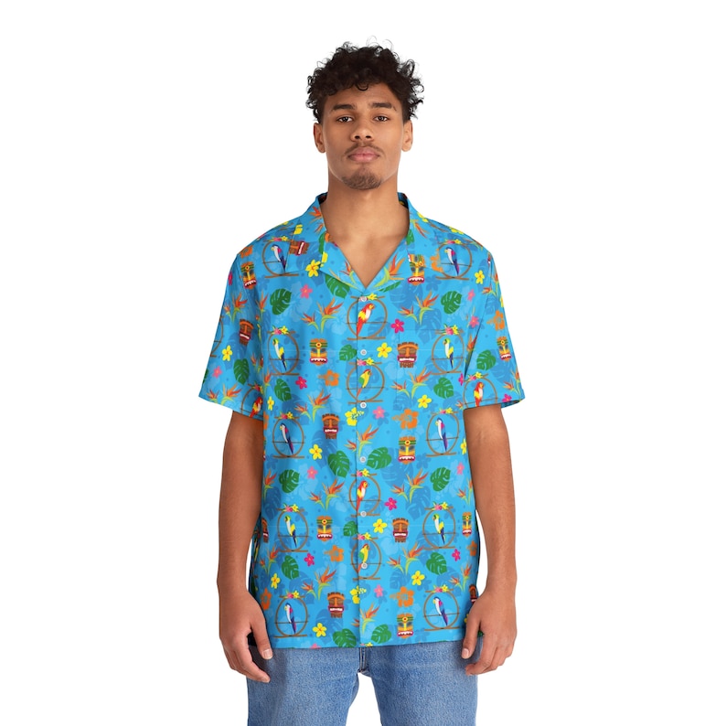 Men's Hawaiian Shirt AOP Blue Stretchy Comfort Enchanted Tiki Room Tropical image 3