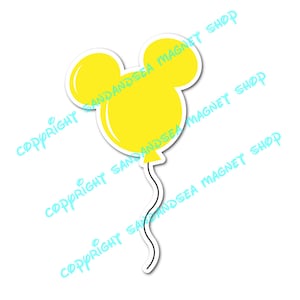 May include: A yellow balloon shaped like a mouse head, with a white border and a black, wavy string. The balloon is a vibrant yellow. The text "COPYRIGHT SANDANDSEA MAGNET SHOP" is printed diagonally across the image.