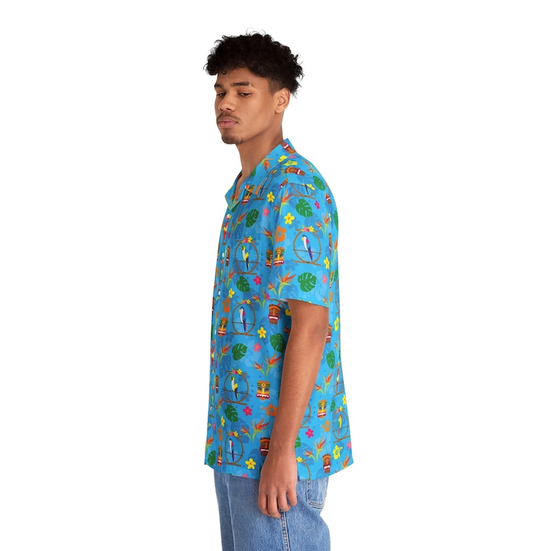 Men's Hawaiian Shirt AOP Blue Stretchy Comfort Enchanted Tiki Room Tropical image 6