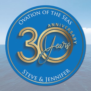 May include: A blue and gold circular sticker with the text "Ovation of the Seas Anniversary 30 Years Steve & Jennifer".
