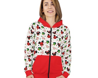 Christmas Santa Mickey Mouse and Mrs. Clause Minnie with Elfs Disney Inspired Unisex Zip Hoodie (AOP) - Red