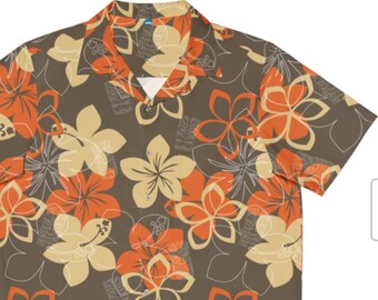 Men's Hawaiian Shirt (AOP) Brown/Orange Stretchy Comfort Tiki Luau