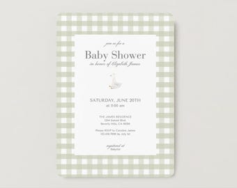 Goose Gingham Baby Shower Invite, Hand Drawn Illustration, Editable, Digital Template, Green, Blue, Pink, Beige