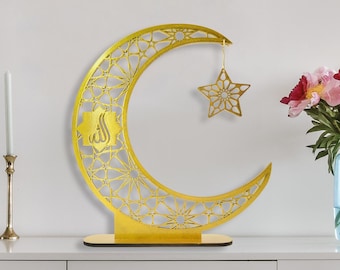 Gold Glitter Crescent Moon & Star Decor: Islamic Ramadan Eid Decoration