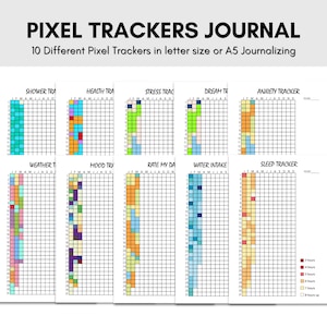 May include: Ten different pixel tracker pages for a journal. Each page has a grid with a different colour scheme and a title at the top. The titles include: Shower Tracker, Health Tracker, Stress Tracker, Dream Tracker, Anxiety Tracker, Weather Tracker, Mood Tracker, Rate My Day, Water Intake, and Sleep Tracker.