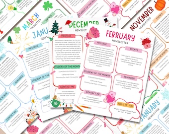 Bearbeitbare monatliche Klassenzimmer-Newsletter-Vorlagen für die Kommunikation mit den Eltern, Newsletter für Lehrer, bearbeitbare Newsletter-Vorlagen
