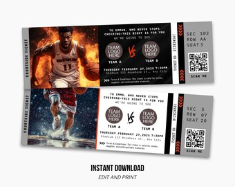 Custom Basketball Ticket Template with QR Code (Digital Download)