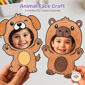Manualidad de inserción de caras de animales, actividad para colorear imprimible para niños, decoración para tablón de anuncios (descarga instantánea)