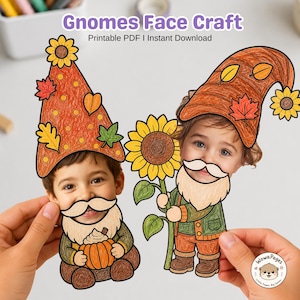 May include: Gnomes Face Craft printable PDF instant download featuring two paper gnome cutouts with autumn-themed hats decorated with sunflowers and leaves. One gnome holds a pumpkin, while the other holds a large sunflower, both with beard cutouts.