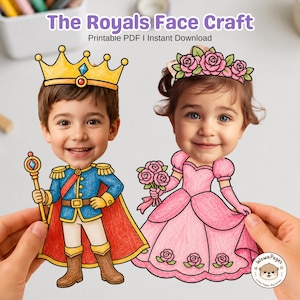 May include: The Royals Face Craft printable PDF features two paper cutouts with cartoon bodies. One figure wears a blue and gold royal outfit with a crown and scepter. The other figure wears a pink dress with a floral crown and holds a bouquet of roses.